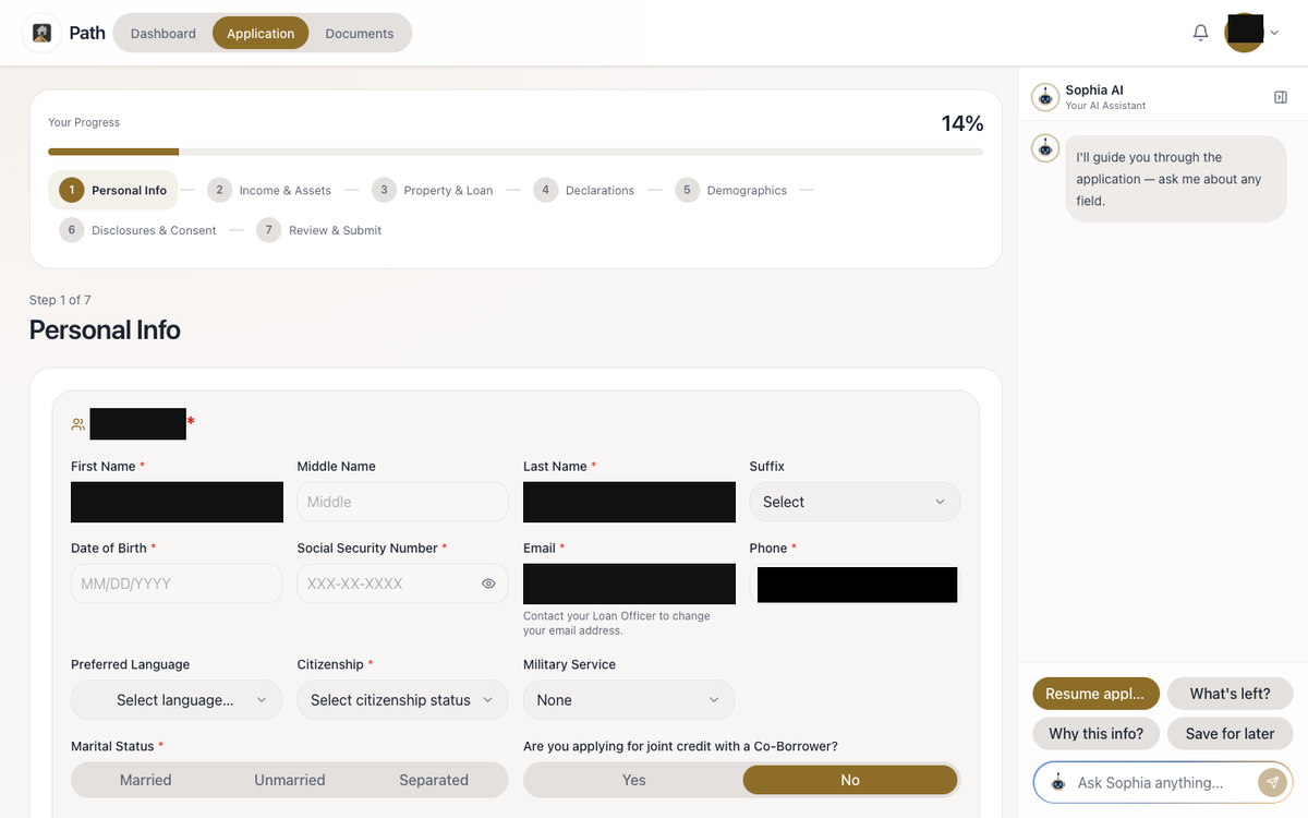 The Path loan application with a step progress bar and the Sophia assistant beside the form